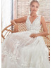 V Neck Ivory Floral Lace Tulle Simple Wedding Dress